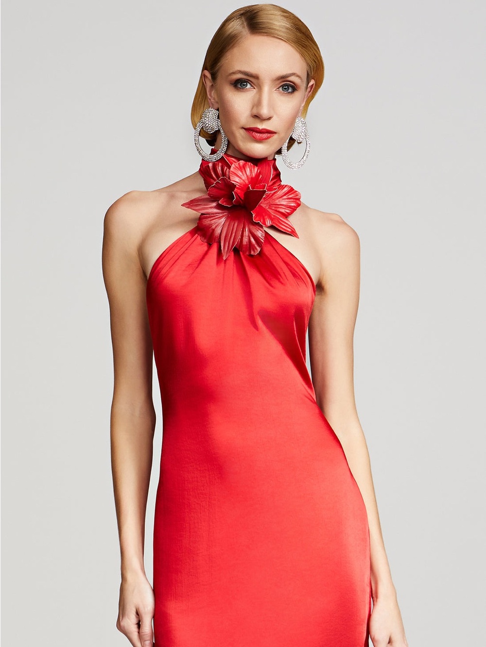 Halston Yulia Flower Detail Halter Neck Satin Gown Sz 10 MSRP $645 NEW